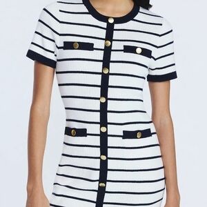 NWT Parisian Gold‑Button Stripe Cardigan Dress Coastal French Rib Knit L